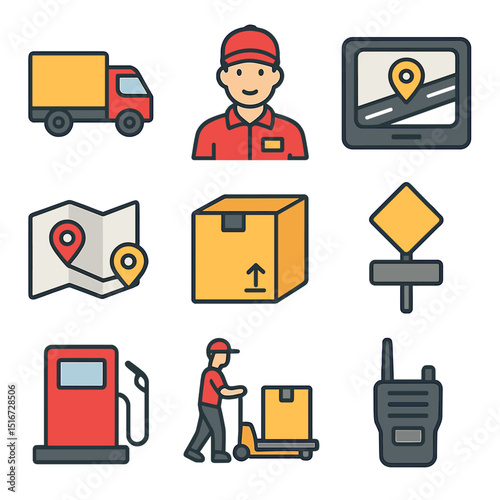 Logistics Icons Set. Flat icon set of logistics and delivery truck drivers: delivery truck, driver in uniform,