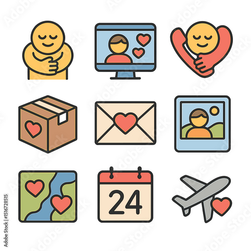 Long-Distance Connection Icons. Flat icon set of long-distance connection: virtual hug icon, video call hearts