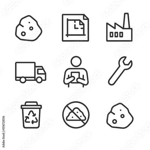 Product Life Cycle Icons. Outline icon set of product life cycle stages: raw material rock, blueprint sheet, factory building,