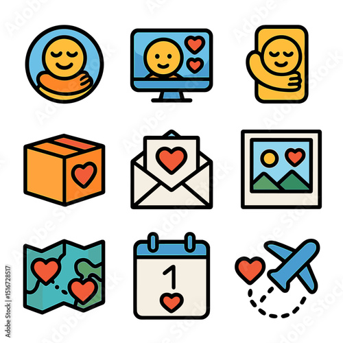 Long-Distance Connection Icons. Flat icon set of long-distance connection: virtual hug icon, video call hearts