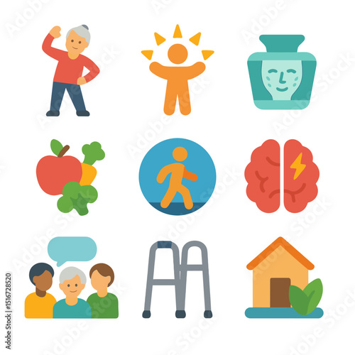 Longevity Icon Set. Flat icon set of longevity and aging well: elderly person exercising, vitality icon,