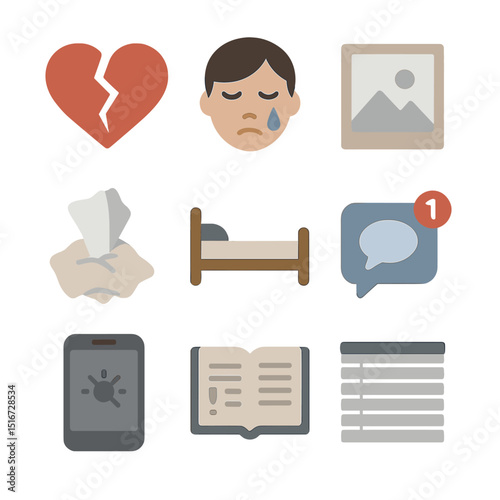 Heartbreak Icon Set. Flat icon set of signs of heartbreak and sorrow: broken heart, tear on cheek, empty photo