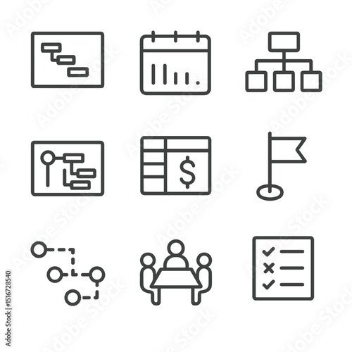 Project Planning Icons. Outline icon set of project planning: Gantt chart, calendar timeline, work breakdown structure, resource