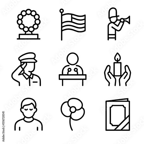 Public Ceremony Icons. Outline icon set of public commemoration ceremonies: wreath laying, national flag, marching band, saluting