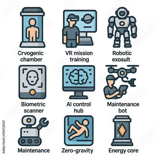 High-Tech Space Icons. Flat icon set of high-tech space facility equipment: cryogenic chamber, VR mission