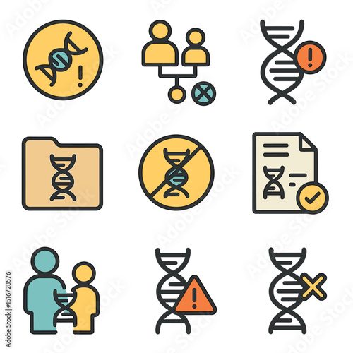 Hereditary Disease Icons. Flat icon set of hereditary disease screening: risk gene icon, inherited disorder