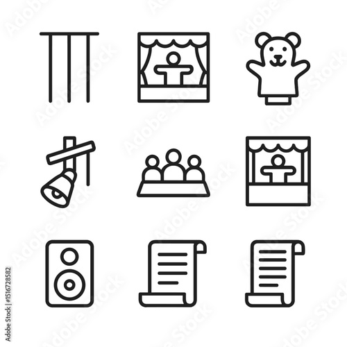 Puppetry Icons Set. Outline icon set of puppeteer street performances: marionette strings, puppet stage, hand puppet, control