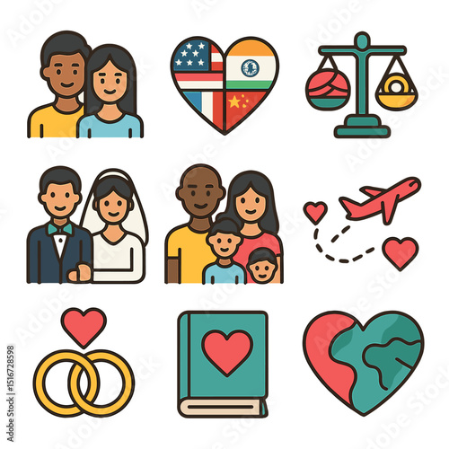 Love Across Cultures Icons. Flat icon set of love across cultures: multicultural couple, heart with flags,