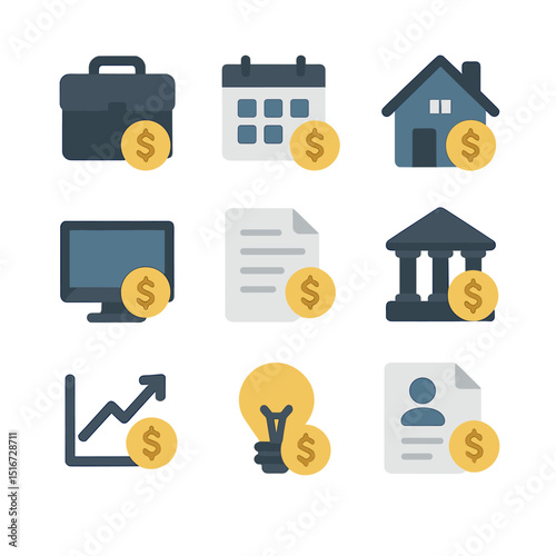 Household Income Icons. Flat icon set of household income sources: full-time job icon, part-time income,