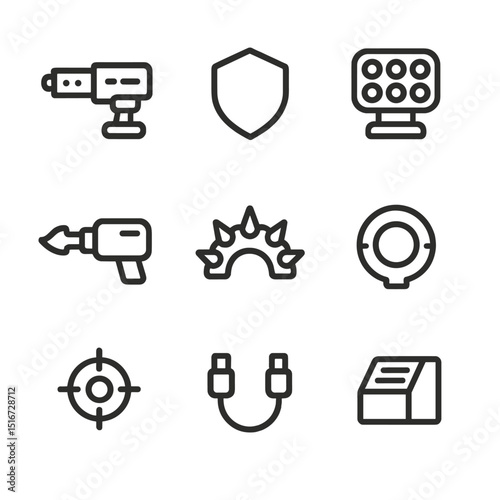Robot Arsenal Icons. Outline icon set of battle robot equipment: laser cannon, shield emitter, missile pod, flamethrower, spike