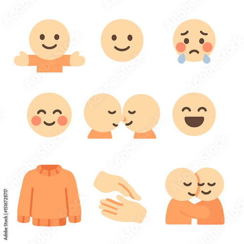 Hugging Gesture Icons. Flat icon set of hugging gestures and expressions: open arms gesture, gentle smile,