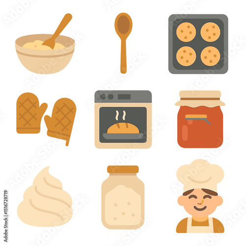 Homemade Baking Icons. Flat icon set of homemade baking joy: mixing bowl, wooden spoon, scone tray, oven mitts
