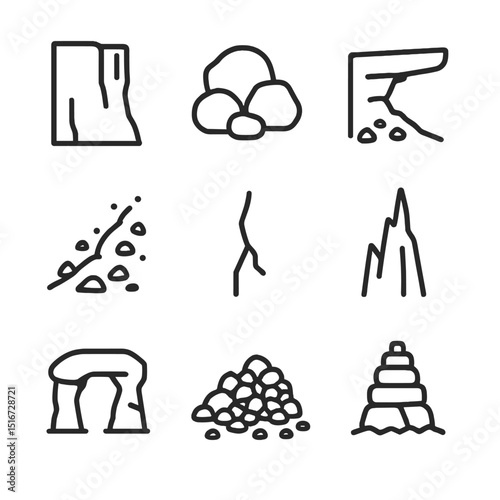 Rock Feature Icons. Outline icon set of rock and cliff features: sheer cliff face, boulder cluster, overhang ledge, scree slope,