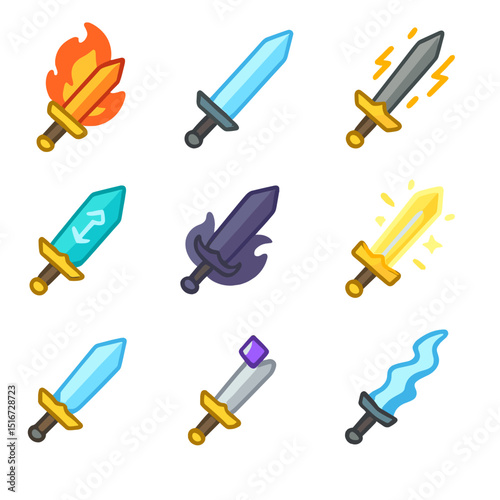 Magical Swords Icons. Flat icon set of magical swords: flaming sword, ice blade, lightning-charged sword,