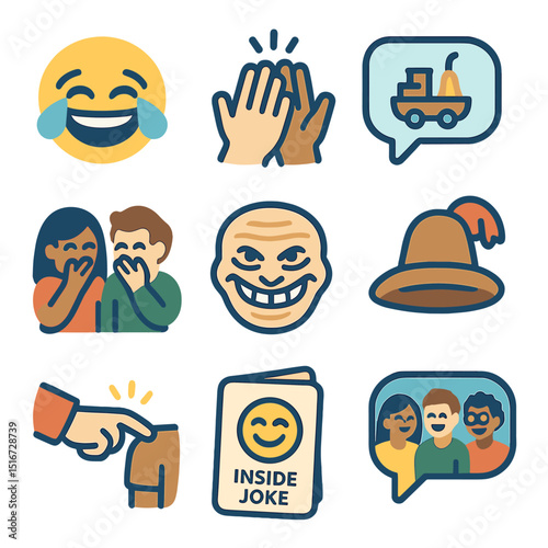 Humor in Friendships Icons. Flat icon set of the role of humor in friendships: laughing emoji, high-five icon,