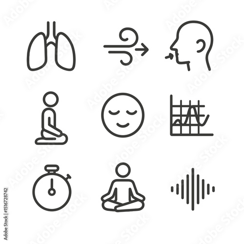Runner Breathing Icons. Outline icon set of runner breathing exercises: lung icon, exhale swirl, inhale arrow, yoga posture, calm
