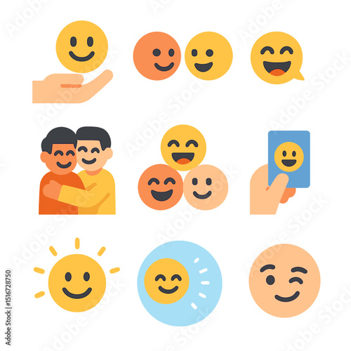 Humor Bond Icons. Flat icon set of humor strengthening bonds: hand holding emoji, smile exchange, eye contact