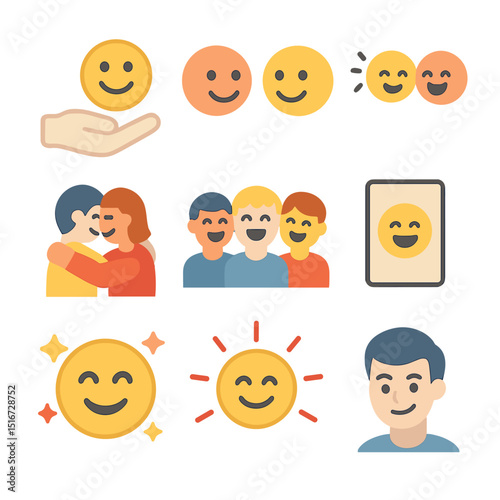 Humor Bond Icons. Flat icon set of humor strengthening bonds: hand holding emoji, smile exchange, eye contact