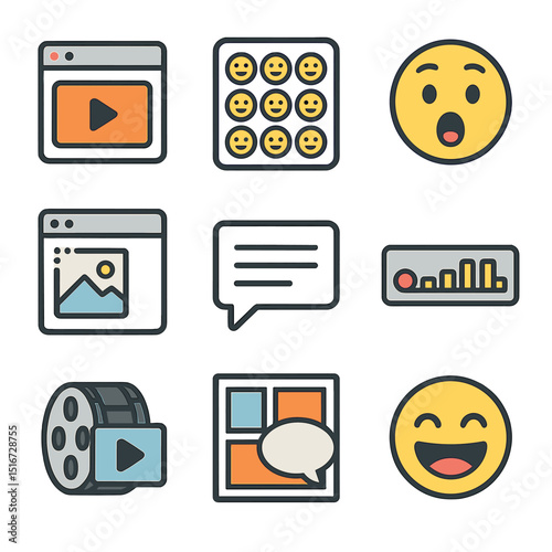 Humor Tools Icons. Flat icon set of humor tools among friends: GIF player, sticker pack icon, reaction face,