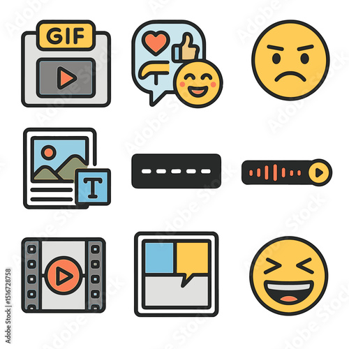 Humor Tools Icons. Flat icon set of humor tools among friends: GIF player, sticker pack icon, reaction face,