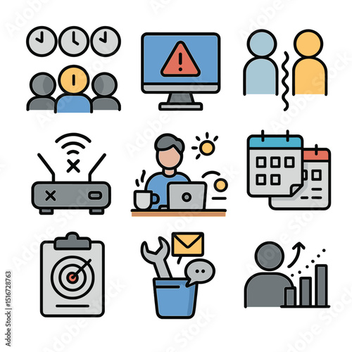 Hybrid Work Challenges Icons. Flat icon set of hybrid work challenges: time zone clocks, tech issue alert,