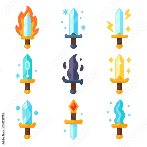 Magical Swords Icons. Flat icon set of magical swords: flaming sword, ice blade, lightning-charged sword,