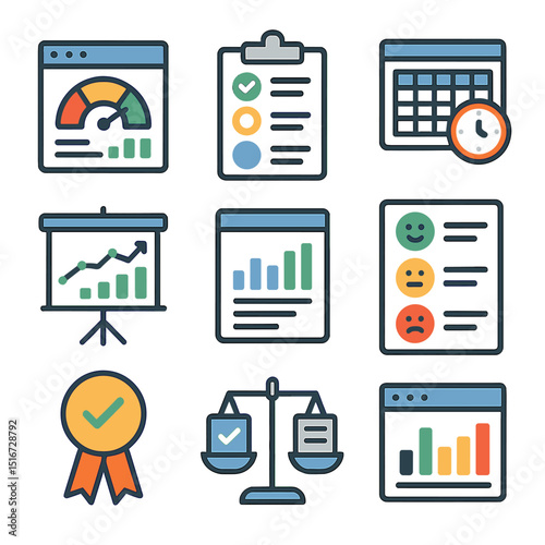 Hybrid Productivity Icons. Flat icon set of hybrid productivity metrics: performance dashboard, OKR tracker,