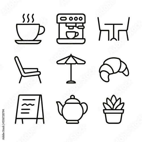 Rooftop Café Icon Set. Outline icon set of rooftop café lounge: coffee cup, espresso machine, café table, lounge chair, parasol