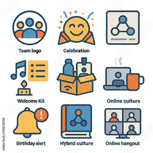 Hybrid Team Icons. Flat icon set of hybrid team culture: team logo, celebration emoji, team norms icon, shared