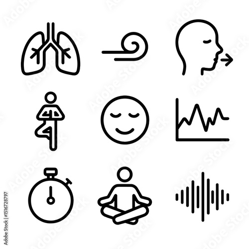 Runner Breathing Icons. Outline icon set of runner breathing exercises: lung icon, exhale swirl, inhale arrow, yoga posture, calm