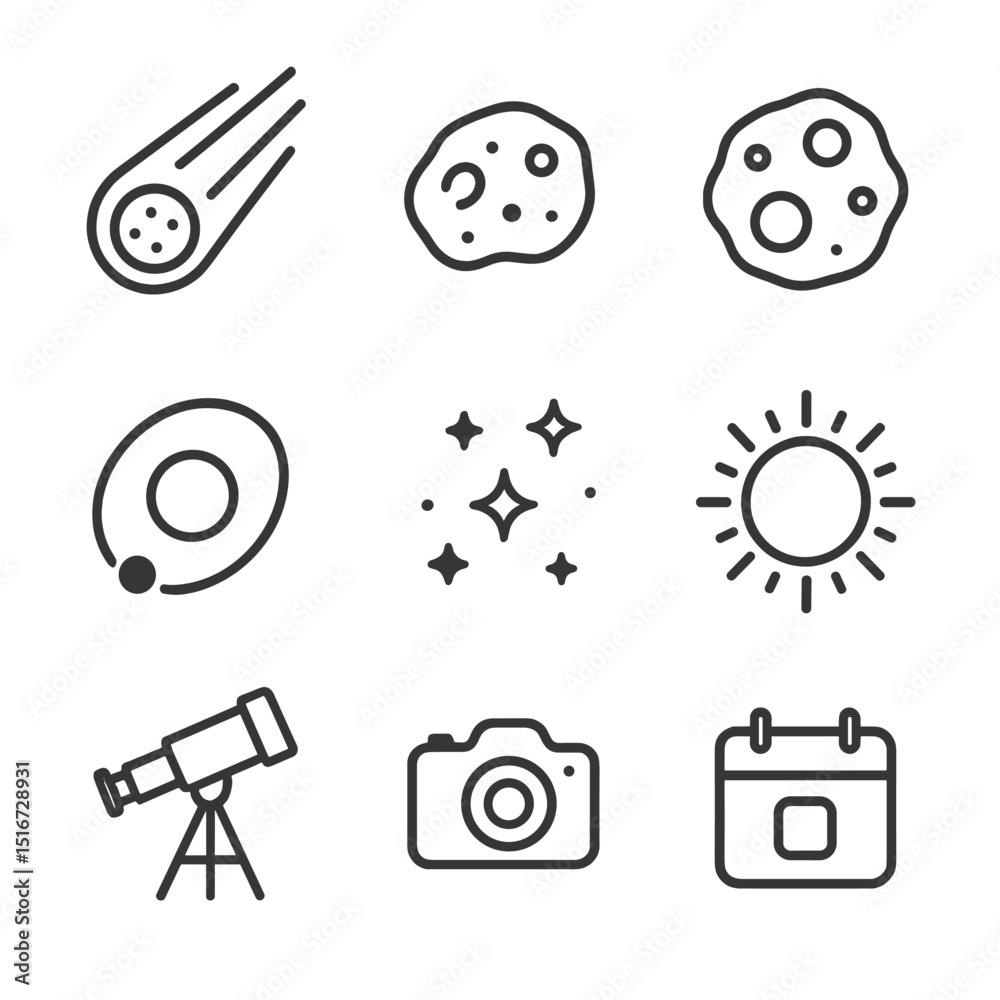 Fototapeta premium Space Icon Set. Outline icon set of comets and asteroids: comet tail, nucleus, asteroid rock, orbital path, star field, sun
