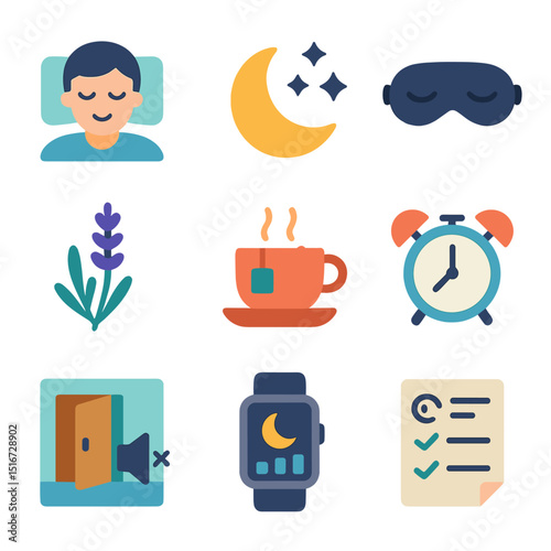 Improved Sleep Icons. Flat icon set of improved sleep quality: sleeping person, moon and stars, sleep mask,