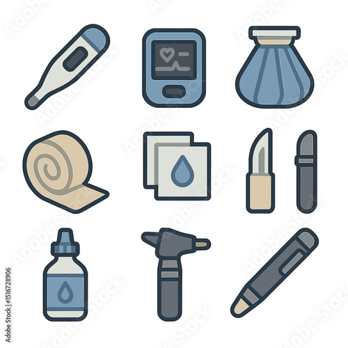 Medical Tool Icons. Flat icon set of medical tools in vehicle kits: digital thermometer, pulse oximeter,