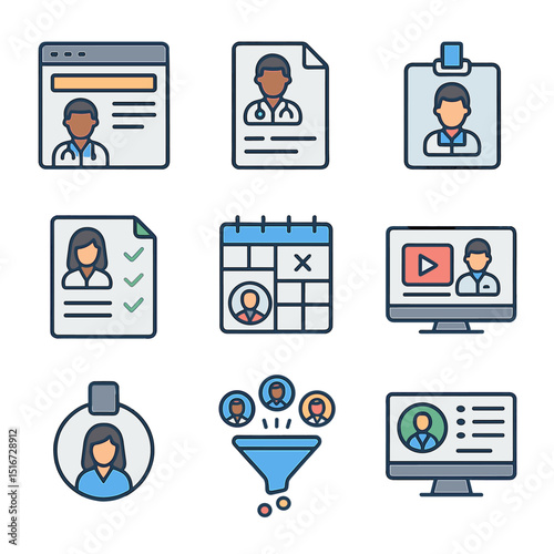 Medical HR Icon Set. Flat icon set of medical staffing and HR: job posting, resume file, staff ID card,