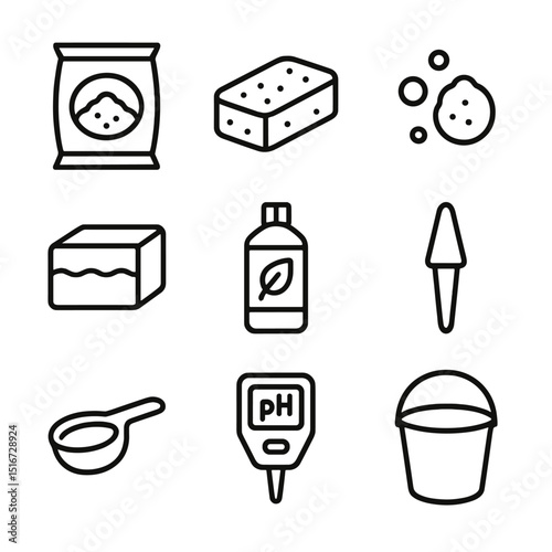 Soil and Fertilizer Icons. Outline icon set of soil mixes and fertilizers: potting soil bag, peat moss brick, perlite granule,