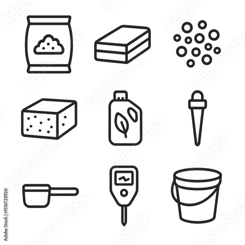 Soil and Fertilizer Icons. Outline icon set of soil mixes and fertilizers: potting soil bag, peat moss brick, perlite granule,