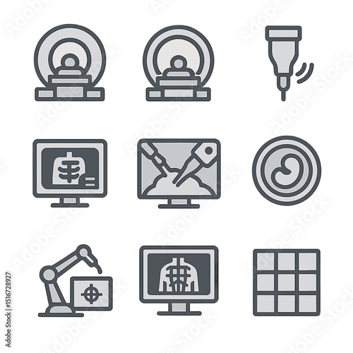 Medical Imaging Icons. Flat icon set of medical imaging for robotic surgery: CT scan, MRI icon, ultrasound