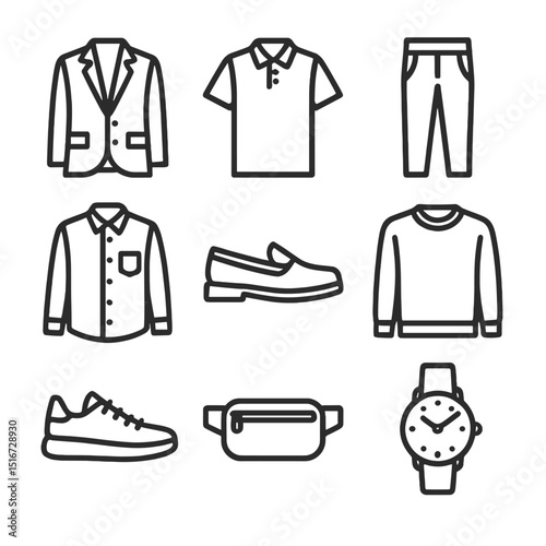 Sporty Office Wear Icons. Outline icon set of sporty casual office wear: blazer, polo shirt, tailored joggers, loafers,