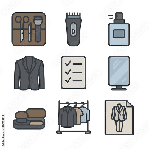 Men's Style Icons. Flat icon set of refined men’s style: grooming kit, beard trimmer, cologne spray, tailored
