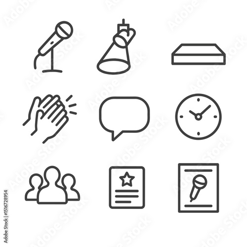 Story Slam Icons. Outline icon set of story slam open mic events: microphone stand, spotlight circle, stage platform, applause