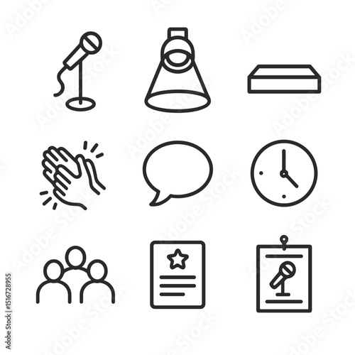 Story Slam Icons. Outline icon set of story slam open mic events: microphone stand, spotlight circle, stage platform, applause