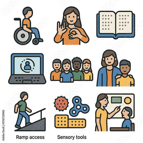 Inclusive Classroom Icons. Flat icon set of inclusive classroom settings: wheelchair user, sign language