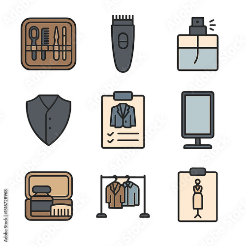 Men's Style Icons. Flat icon set of refined men’s style: grooming kit, beard trimmer, cologne spray, tailored