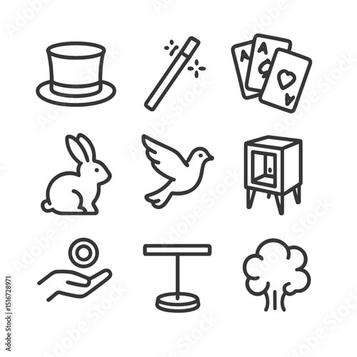 Street Magic Icons. Outline icon set of street magic shows: top hat, magic wand, playing cards, rabbit silhouette, dove icon,