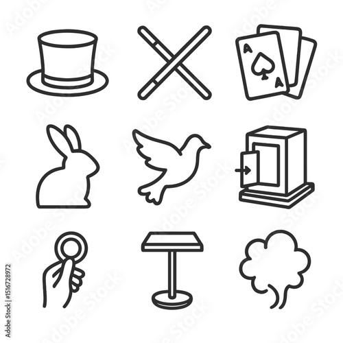 Street Magic Icons. Outline icon set of street magic shows: top hat, magic wand, playing cards, rabbit silhouette, dove icon,
