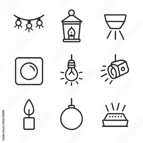 Surprise Lighting Icons. Outline icon set of surprise lighting and ambiance: fairy lights, lantern, uplight, dimmer switch, string