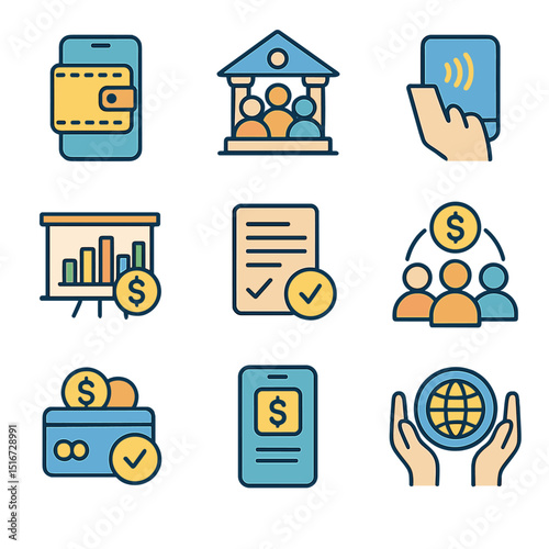 Inclusive Finance Icons. Flat icon set of financial inclusion: mobile wallet, community bank icon, digital