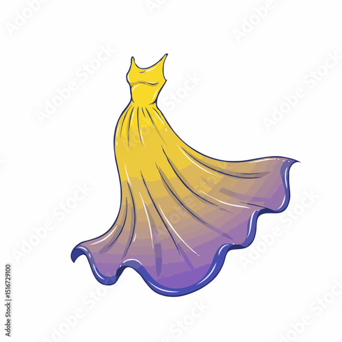 Graceful Evening Attire Illustration with a Yellow to Purple Ombre Effect, Flowing Elegantly on a Clear Background with Space for Text.