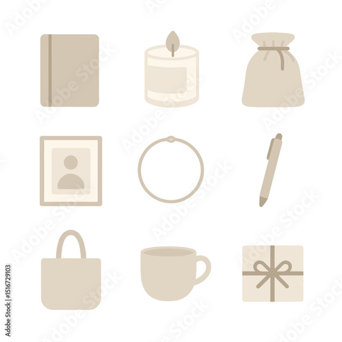 Minimalist Gift Icons. Flat icon set of minimalist gift ideas: neutral-toned notebook, soy candle, linen pouch