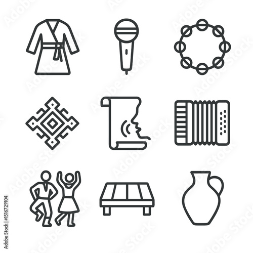 Traditional Folk Icon Set. Outline icon set of traditional folk singing: folk costume, acoustic microphone, tambourine, ethnic